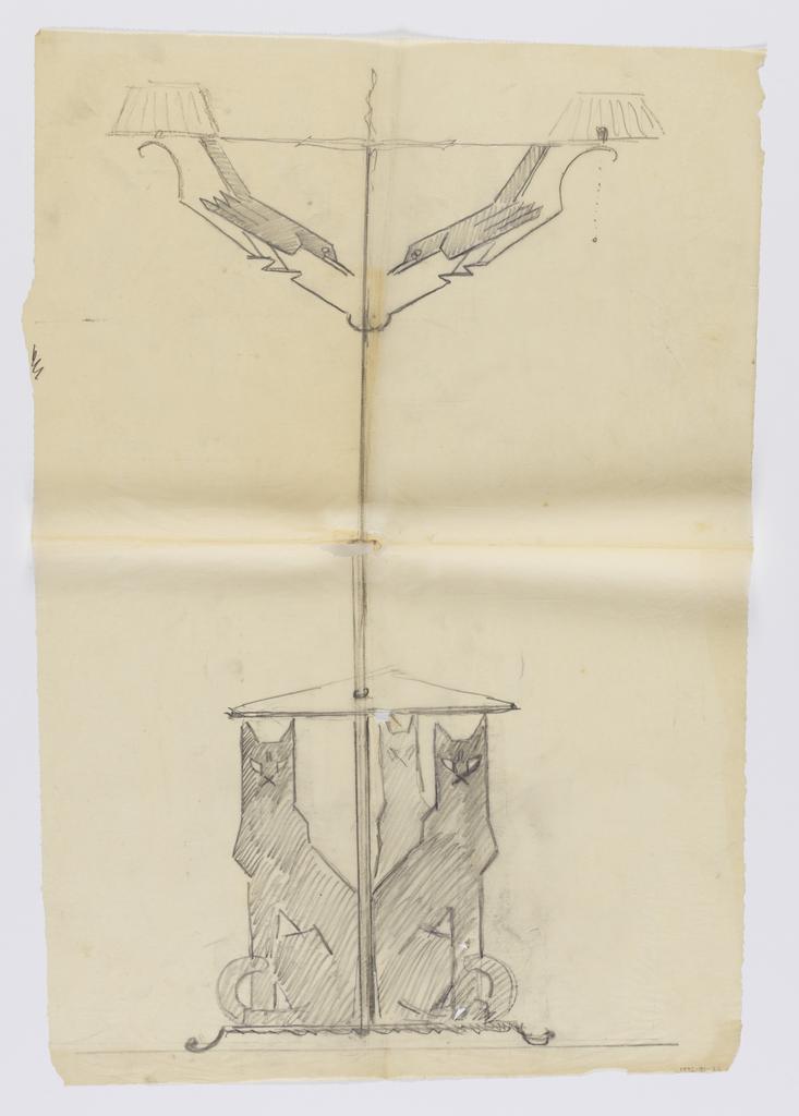Design for Floor Lamp, Tripod Base with Cats (Drawing)