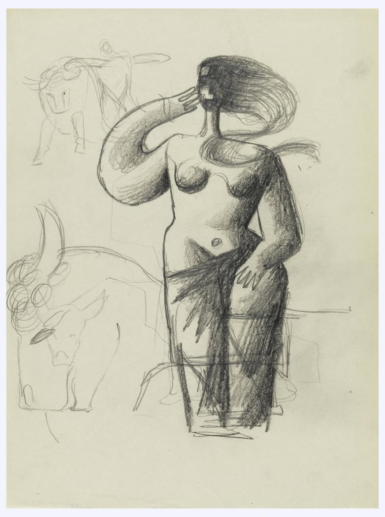 Study of an Abstract Figure and Three Bulls (Drawing)